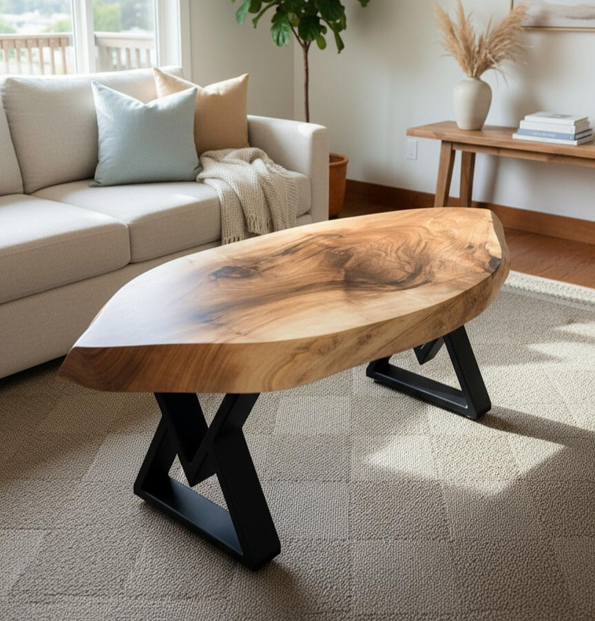 Live Edge Black Walnut Coffee Table with Metal Legs Forest Edge Tables Black Walnut Live Edge Coffee Table with Beautiful Wood grain and Metal Legs
