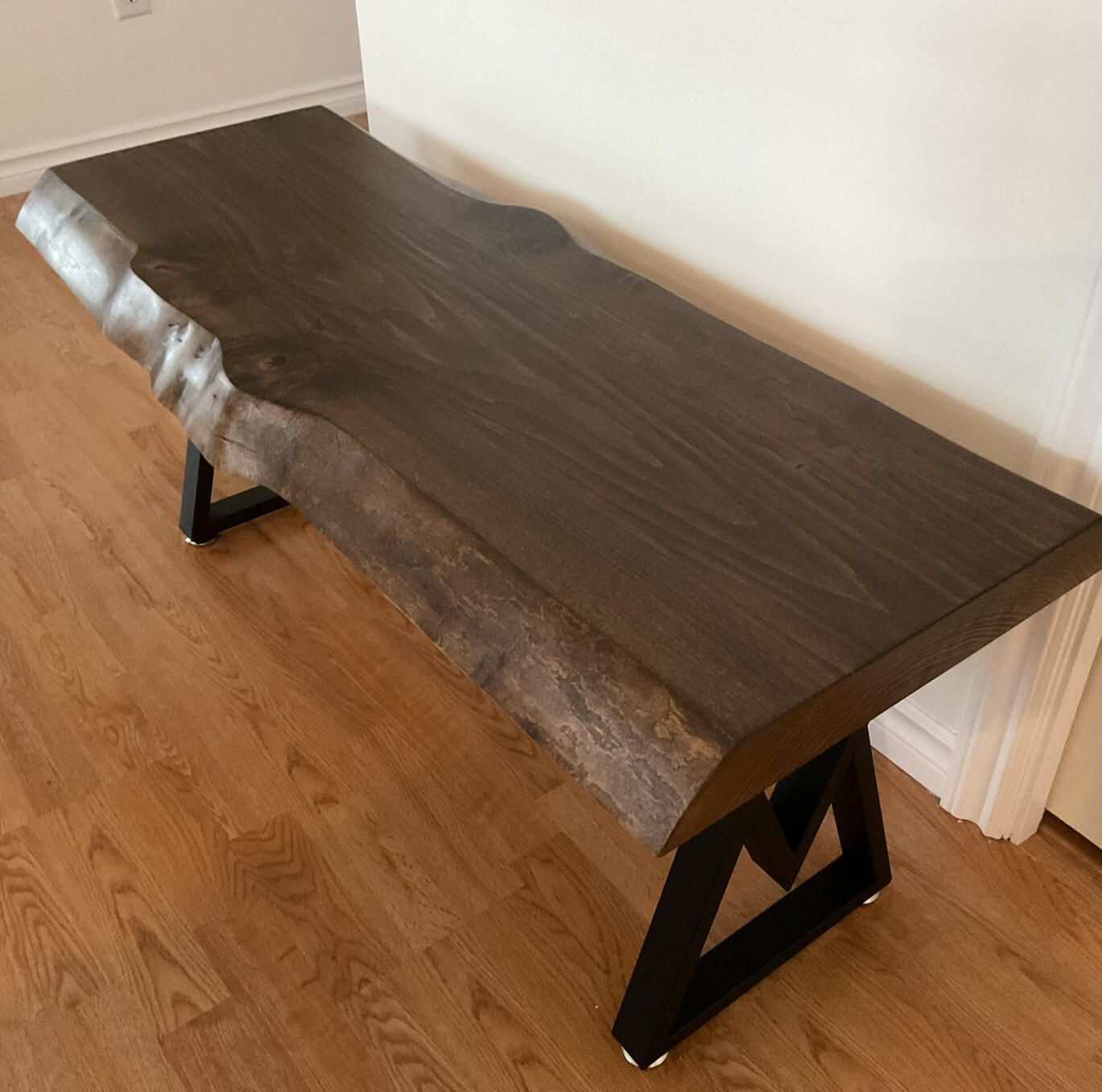 Custom Stained Solid Fir Coffee Table with Metal Legs Forest Edge Tables Fir Coffee Table with Live Edge and Metal Legs
