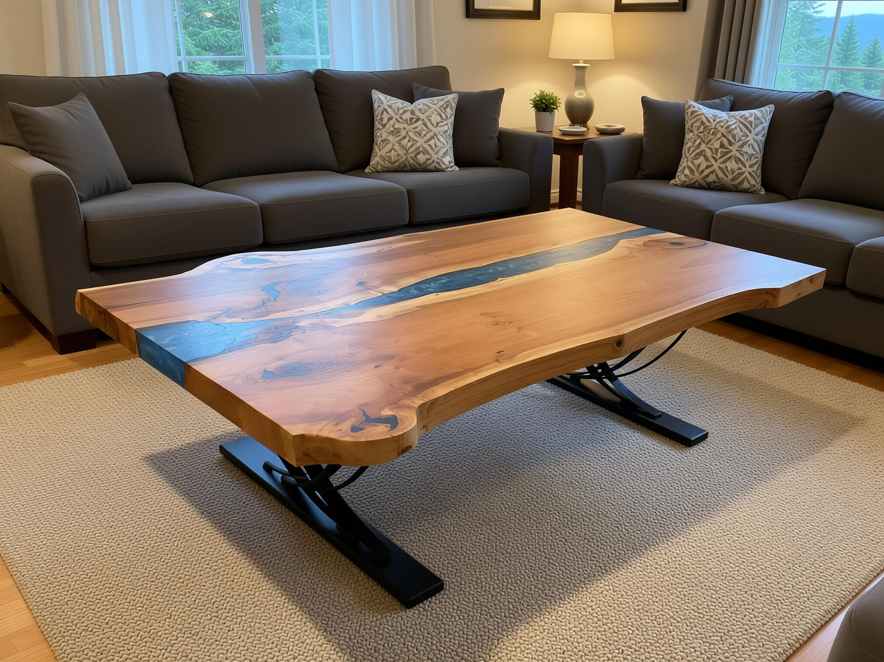 Maple Epoxy River Table with Live Edge and Custom Black Metal Legs Forest Edge Tables Epoxy River Table with Live Edge Maple and Custom Steel Legs