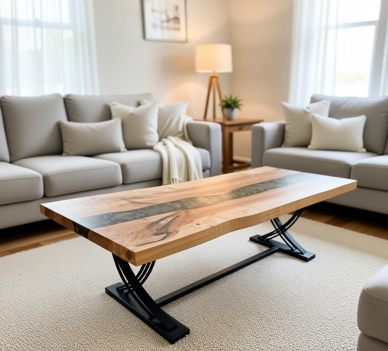 Epoxy River Table with Solid Maple Coffee Table and Custom Metal Legs Forest Edge Tables Epoxy River Table in Maple