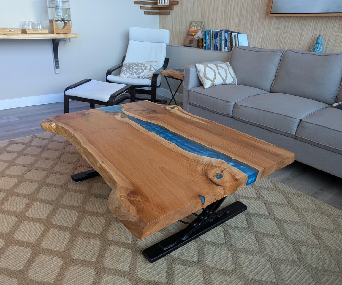 Maple Blue Epoxy River Table with Live Edge and Custom Black Metal Legs Forest Edge Tables Blue Epoxy River Table with Live Edge Maple and Custom Steel Legs