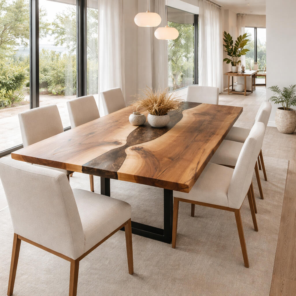 Black Walnut Dining Table with Epoxy River - Formal Edge Forest Edge Dining Table with Formal Edge Black Walnut Slabs and Amber Epoxy River Pour