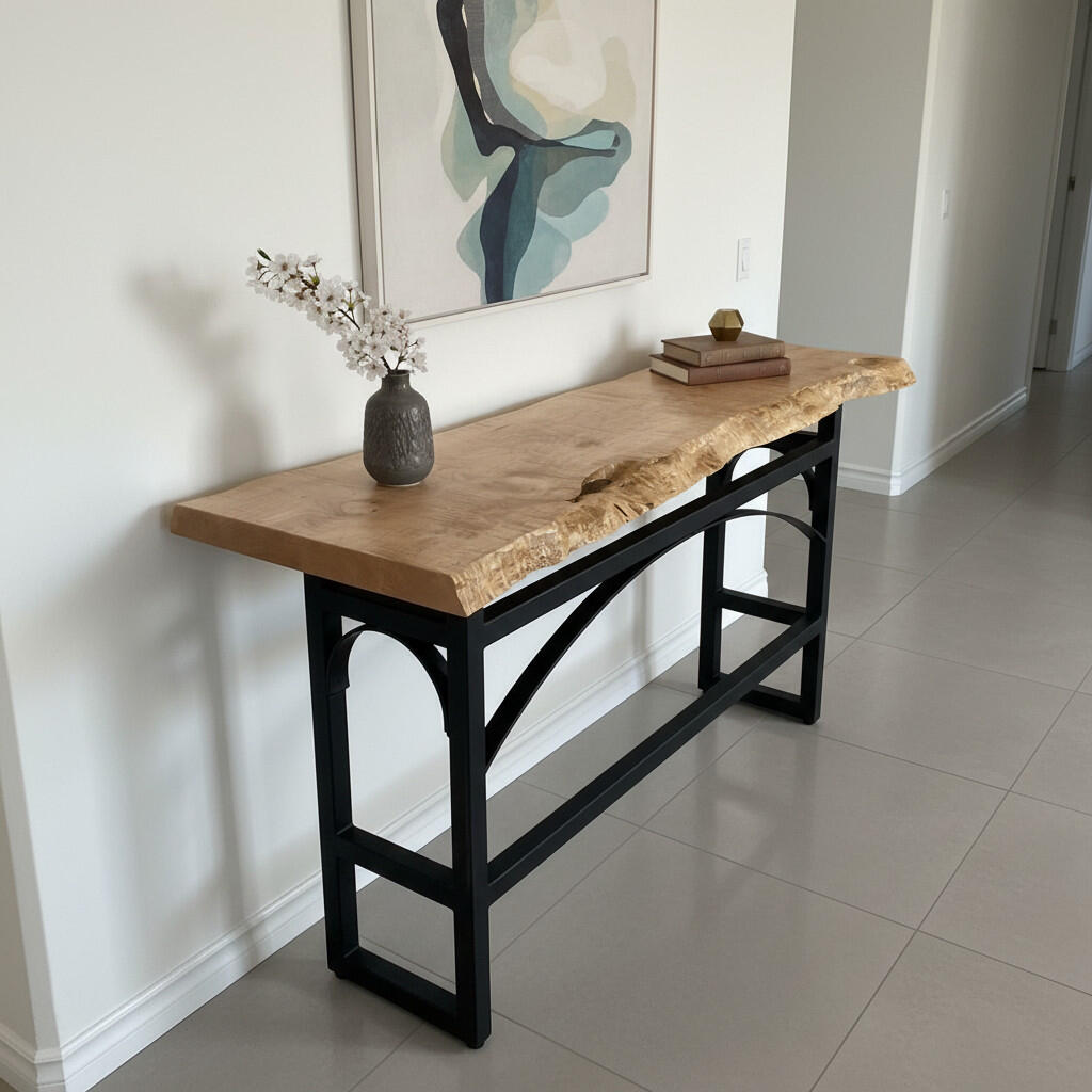 Solid Maple Hallway Table with Live Edge and Custom Metal Base Legs Forest Edge Tables Maple Hallway Table with Curly Grain and Live Edge