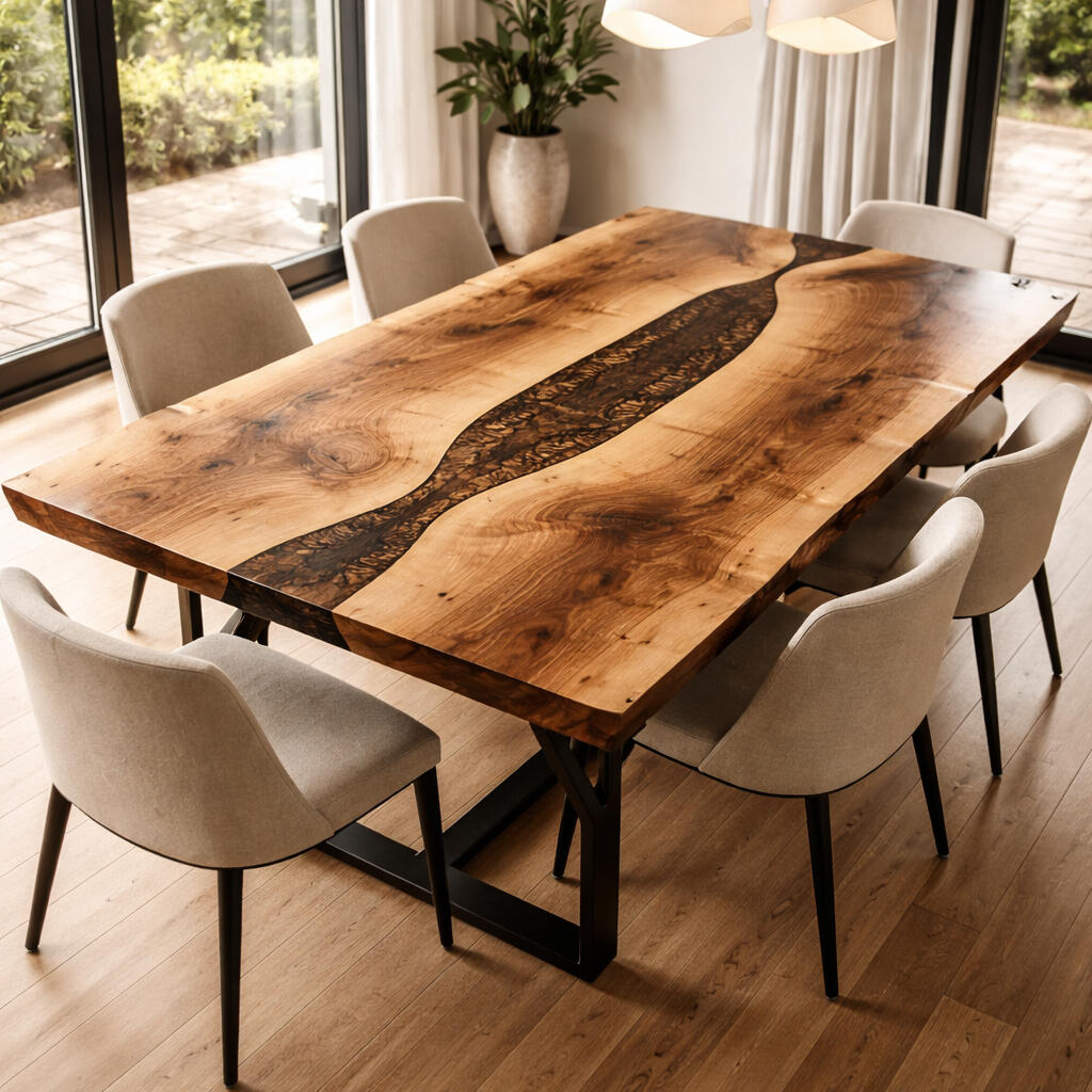 Live Edge Black Walnut Dining Table with Epoxy River Forest Edge Dining Table with Live Edge Black Walnut Slabs and Amber Epoxy River Pour