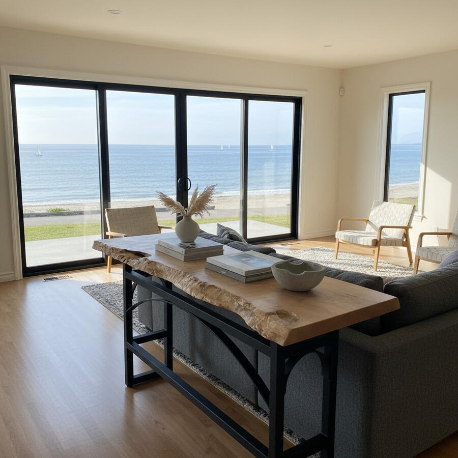 Solid Wood Maple Sofa Table with Live Edge and Custom Metal Legs in Beach House Forest Edge Tables Maple Sofa Table